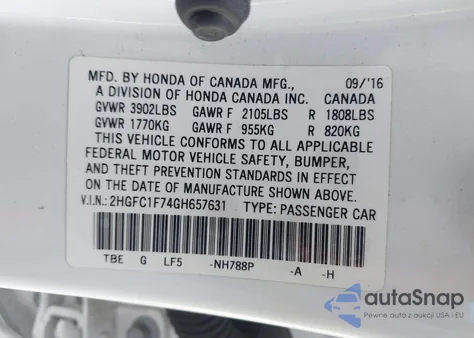 2016 Honda Civic Ex-L from USA, damaged, VIN 2HGFC1F74GH657631